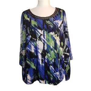 Alfani Geometric Top Blue Black Green Sheer Bell Sleeve Embellished Neckline 2X